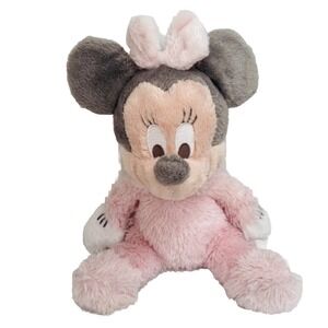 Disney Parks Minnie Mouse Baby Pink Gray Shaggy Chime Rattle Plush Lovey 10"